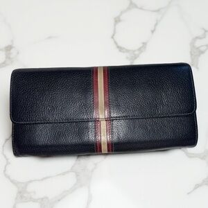 Bally black leather long wallet signature red and off-white stripe. 4x8